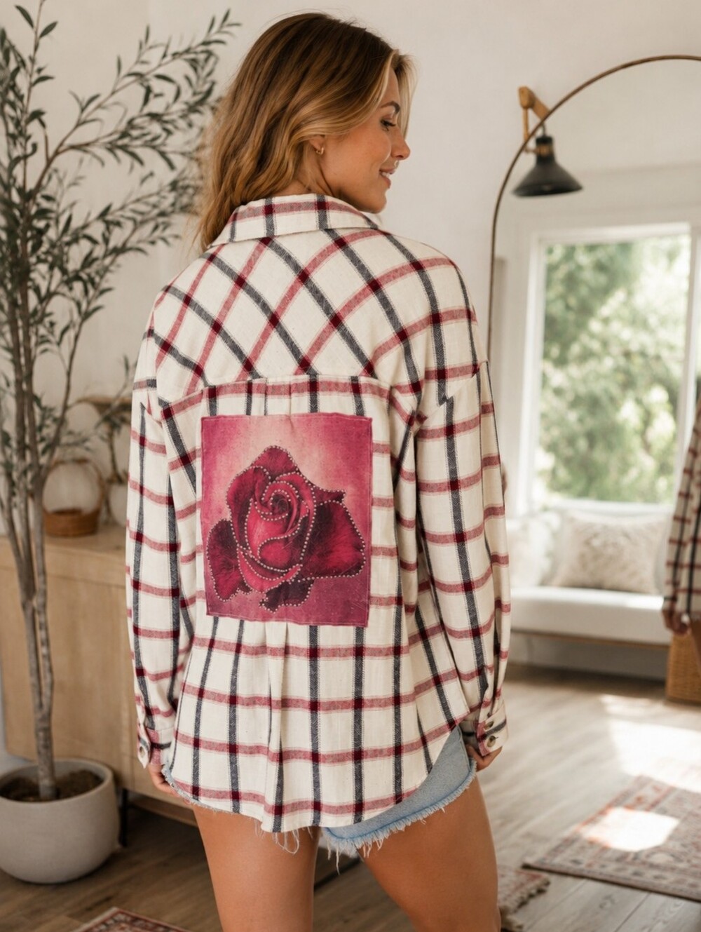 Upcycled Repurposed Cream Pink Plaid Shacket Jacket Rose w/ Studs L